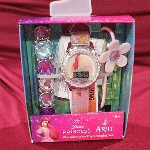 Ariel Girls Light Up Dial LCD Watch , Stretch Oversized Round Gem Bracelet and M